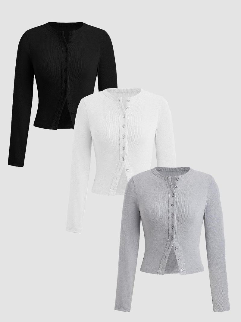 Women's Solid Button Front Ribbed Tee, Casual Long Sleeve Round Neck T-shirt Button Down Front for Spring & Fall, Ladies Clothes for Daily Wear