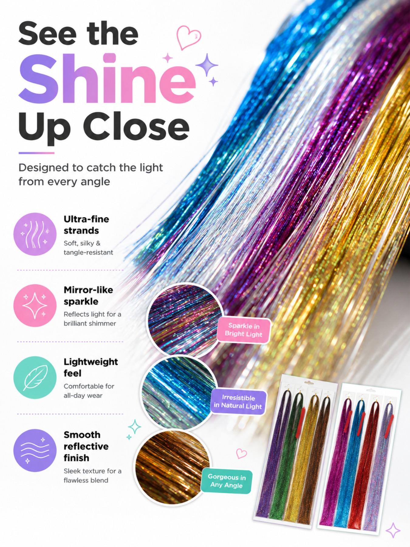 14pcs Glitter Colorful Clip On Hair Tinsel Kit,Synthetic Fiber Hair,20 Inch Clip In Hair Tinsel Extensions,Sparkle hair extensions,Clip-on Hair Pieces,clip in hair accessories,Cosplay Party Festival hair extensions