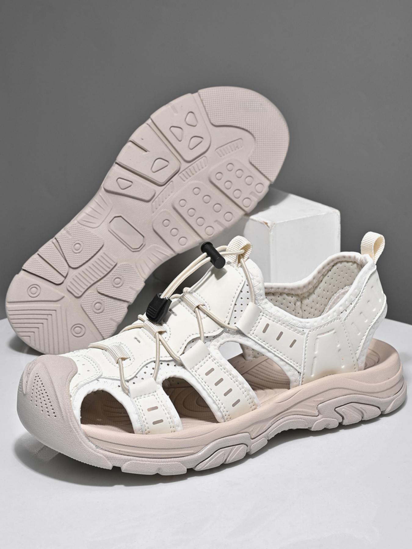 Men's Black and White Drawstring Closed-Toe Outdoor Sandals Thick-Soled Non-Slip Hollow-Out Water Shoes Breathable Durable Beach Hiking Shoes