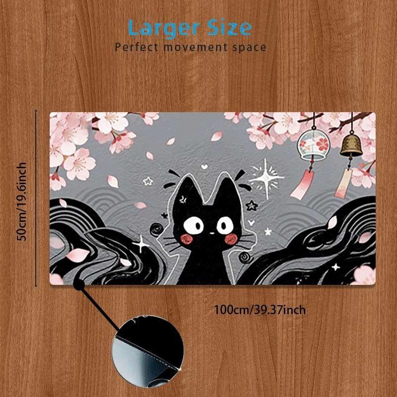 Large Anti-Slip Rubber Mouse Pad, Cherry Blossom Bell Cat Illustration, Gaming Office Desk Mat, Perfect Holiday Gift