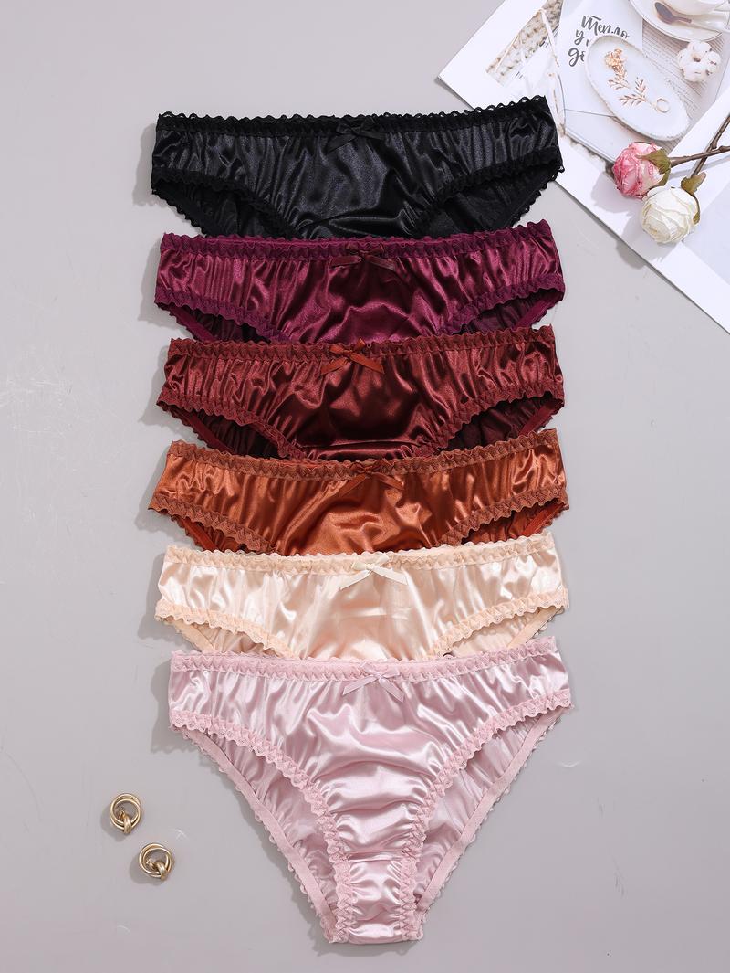 Women's Oil Cloth Bow Lace Trim Comfortable Triangle Panties, Trim Lace Panty, 6 Pack Soft Underwear for Women, Casual Daily Wear