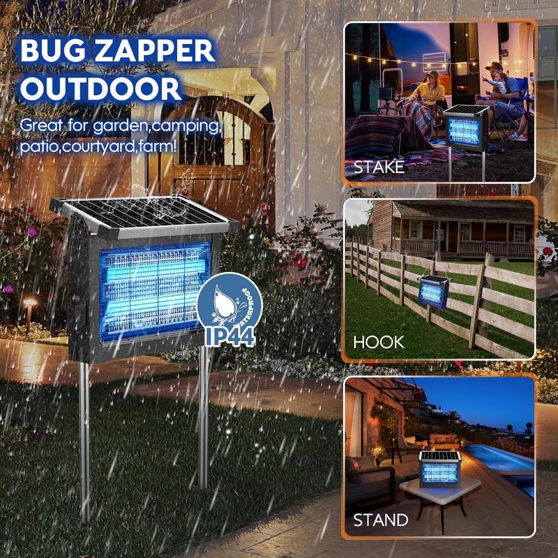 Bug Zapper Outdoor Solar Powered, Mosquito Zapper Indoor with 4500V High Powered, Electric Fly Zapper with Extension Cord and Grounding Bracket, Rechargeable Waterproof Mosquito Killer, Fly Zapper, Mosquito Killer, Electric Trap Ideal for Patio, Backyard