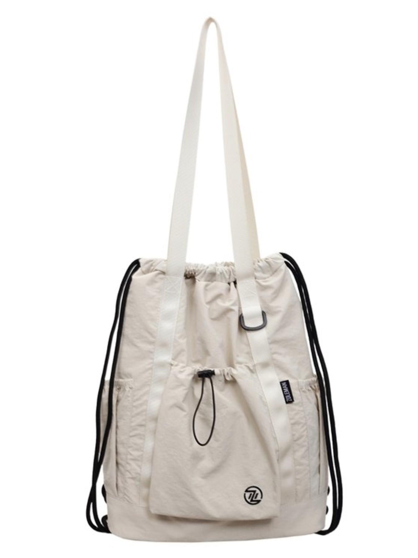 Large Capacity Drawstring Tote Backpack, Lightweight Nylon Shoulder Bag with Secure Pockets, Foldable Unisex Casual Daily Bag, Travel Fitness Shopping Bag