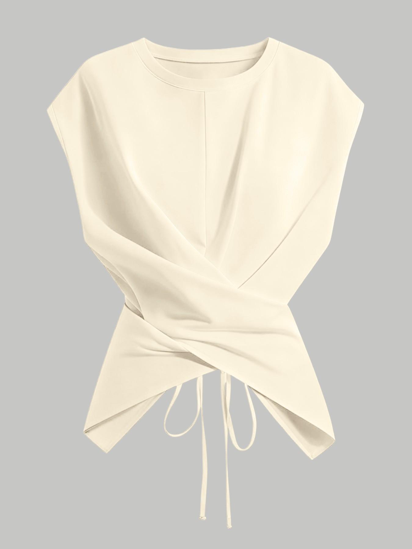 Women's Knitted Round Neck Drop Shoulder Sleeve T-Shirt Fit, Fashion Casual Chic Asymmetrical Criss Cross Back Tie Top, Spring & Fall Wear Women's Knitted Round Neck Drop Shoulder Sleeve T-Shirt Fit, Fashion Casual Chic Asymmetrical Criss Cross Back Tie Top, Spring & Fall Wear