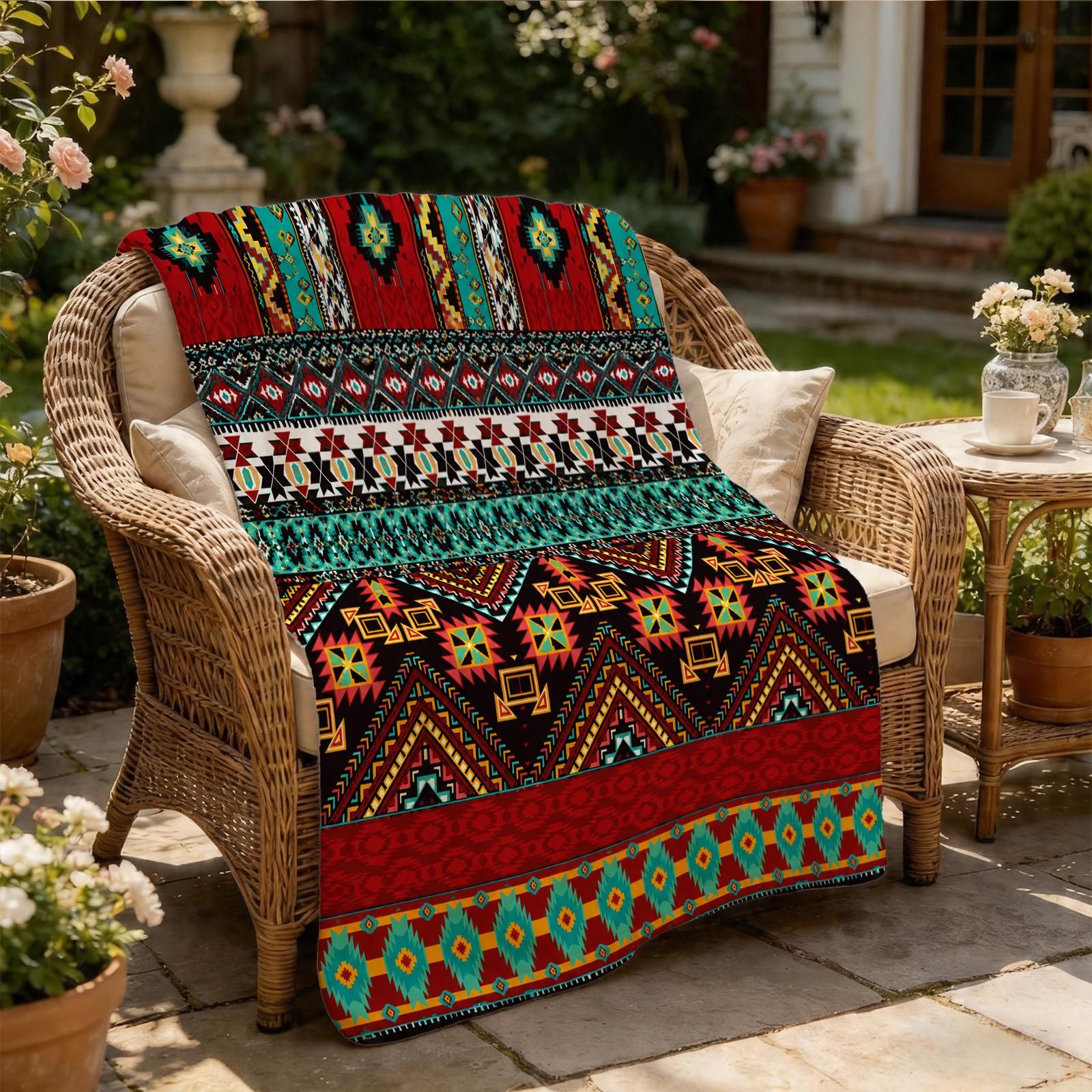 Bohemian Style Flannel Blanket, Single-Side HD Print, Tribal Geometric Style, Soft and Lightweight, Multi-Purpose for Napping, Camping, Picnic and Home Decor, Suitable for Teens and Adults