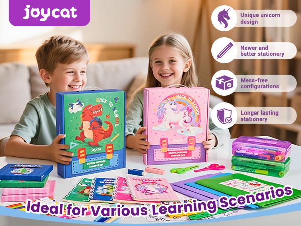 JoyCat Unicorn/Dinosaur School Supply Kit, 46 pcs Back to School Essential, Art Supplies & Refillable Tools, Ideal Kids Stationery Set for Girls Boys