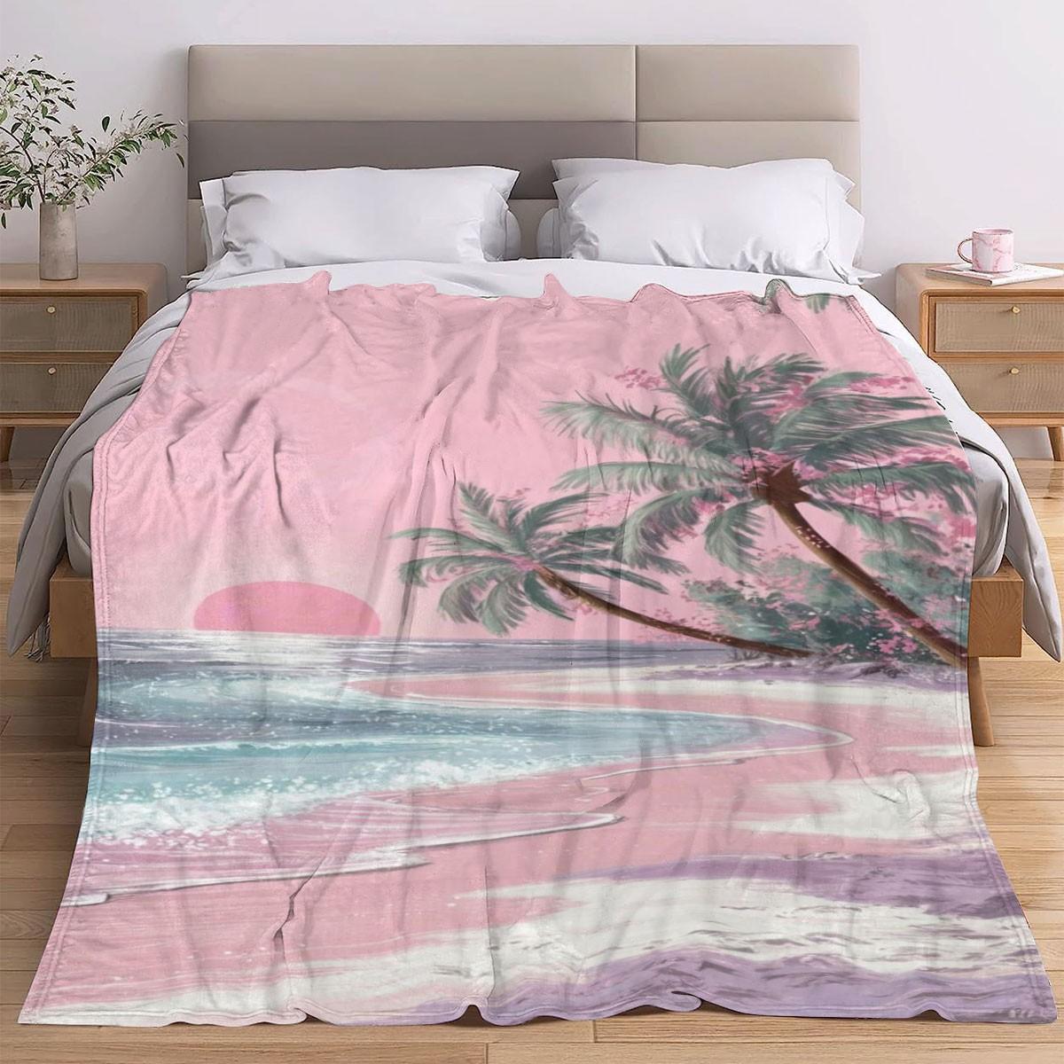 Comfortable Flannel Blanket, Beach Theme Coconut Grove Sunset Pattern, Digital Print, Ideal for Living Room and Camping