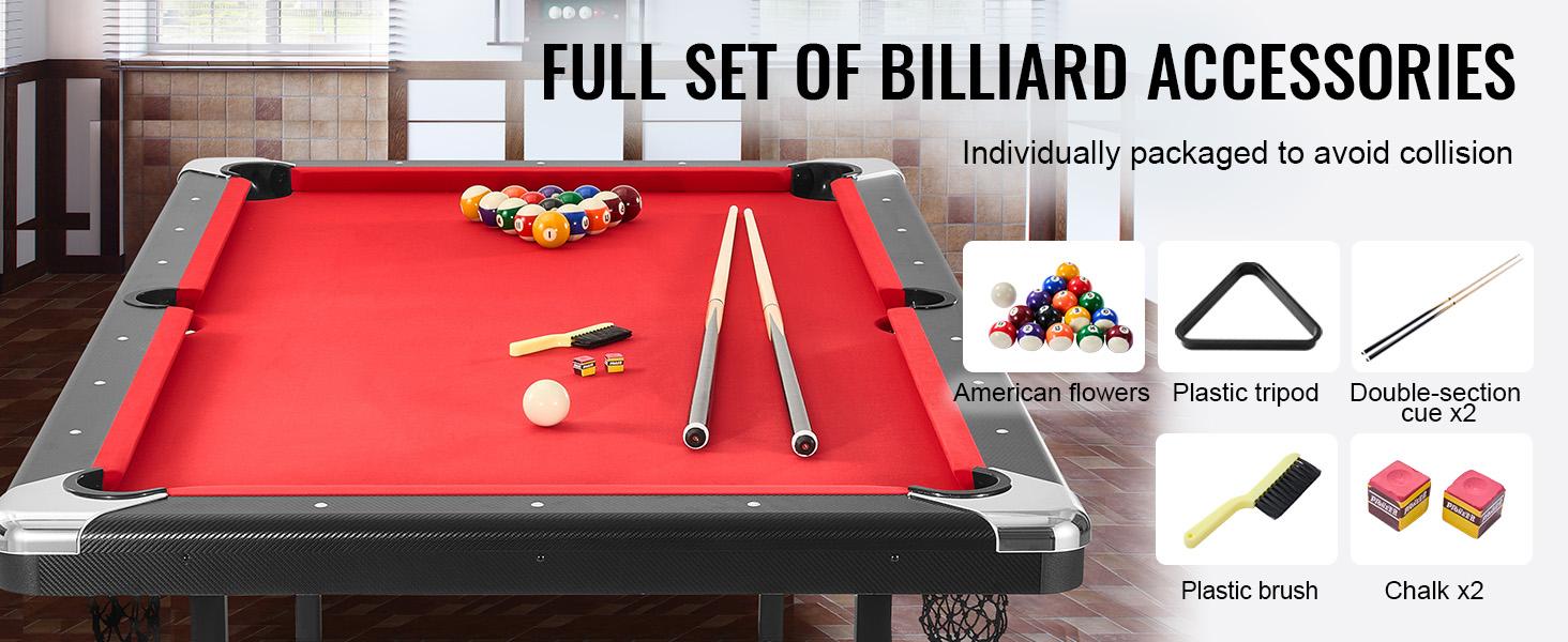VEVOR Billiards Table, 7 ft Pool Table, Portable Foldable Space-Saving Table, Billiard Table Set Includes Balls, Cues, Chalks and Brush, Black with Red Cloth, Perfect for Family Game Room Kids Adults