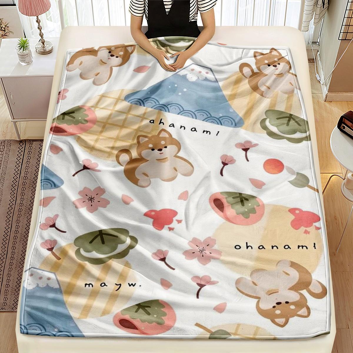 Cute Puppy Cherry Blossom Print Blanket, Soft Skin-Friendly Portable Throw, Ideal for Bedroom, Sofa, Office, Outdoor, Gift
