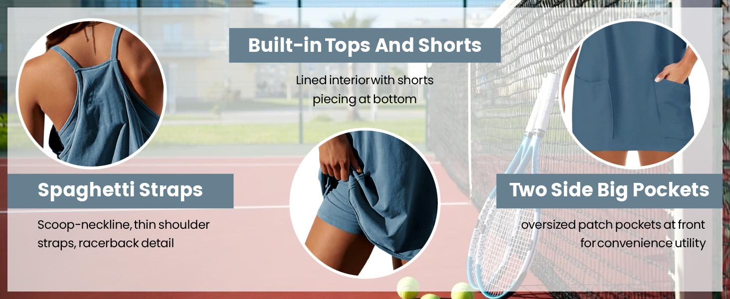 SCUSTY Women's Summer Sleeveless  Mini Dress with Built-in Shorts V Neck Spaghetti Straps Athletic Shorts Tennis Dress with Pockets