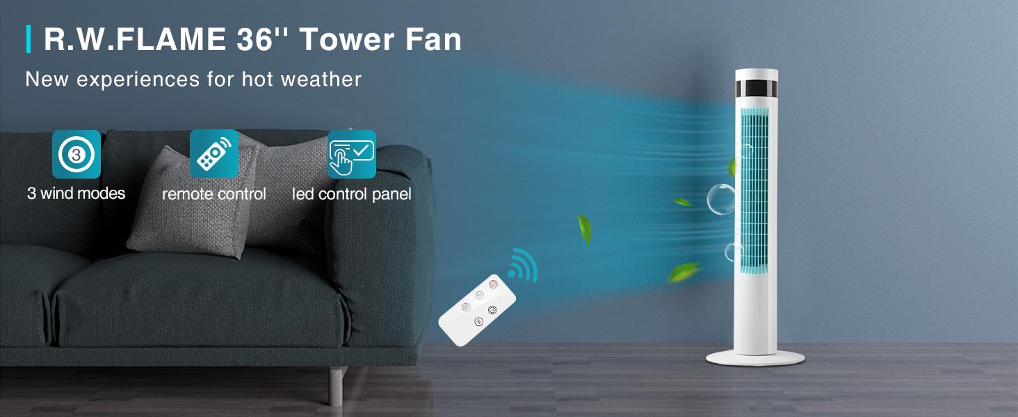 R.W.FLAME Tower Fan, Oscillation fan with Remote Control, Standing fan for office, 3 Wind Modes, Time Settings, Portable Bladeless Floor Fans for Home with Children/Pets/Elders(36") Springtok