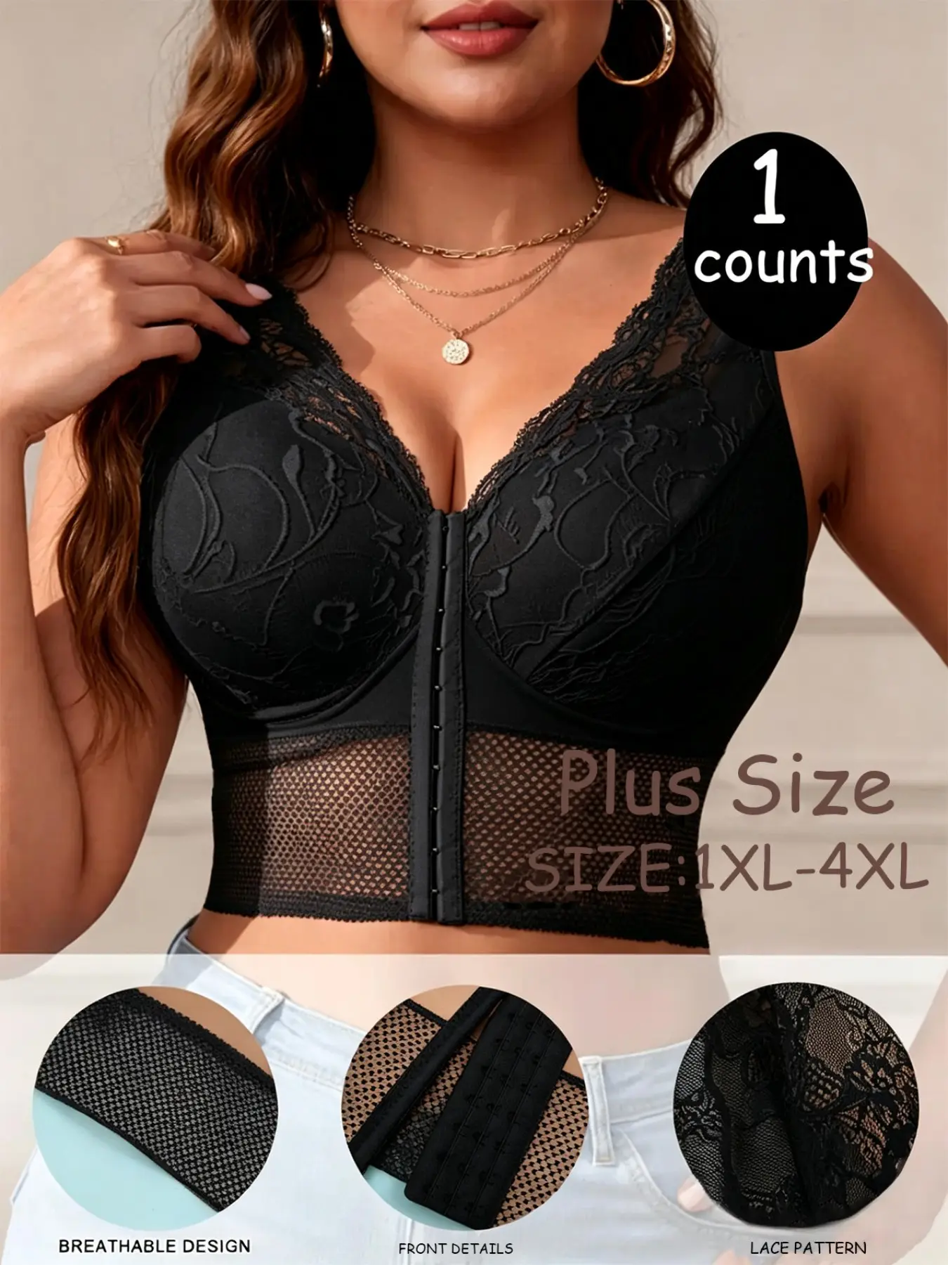 French Sexy Lace Deep V Bra, Front Button Backless Design, Soft Breathable, Wide Straps, Elegant Court Style, All Seasons