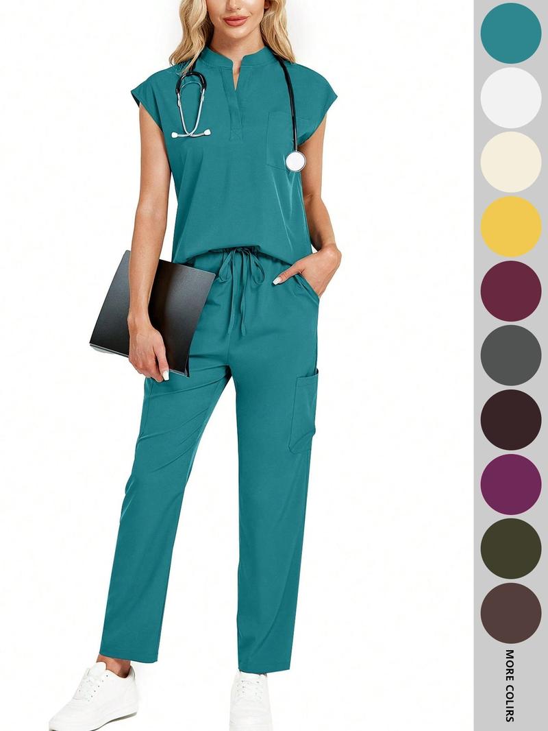 Cimmuovere Women's Solid Notched Neck Batwing Sleeve Top & Drawstring Waist Pants Two-Piece Scrub Set, Casual Cap Sleeve Top & Pocket Trousers for Summer, Vital Scrub Top, Women's Uniforms for Work, Medical Scrub Sets