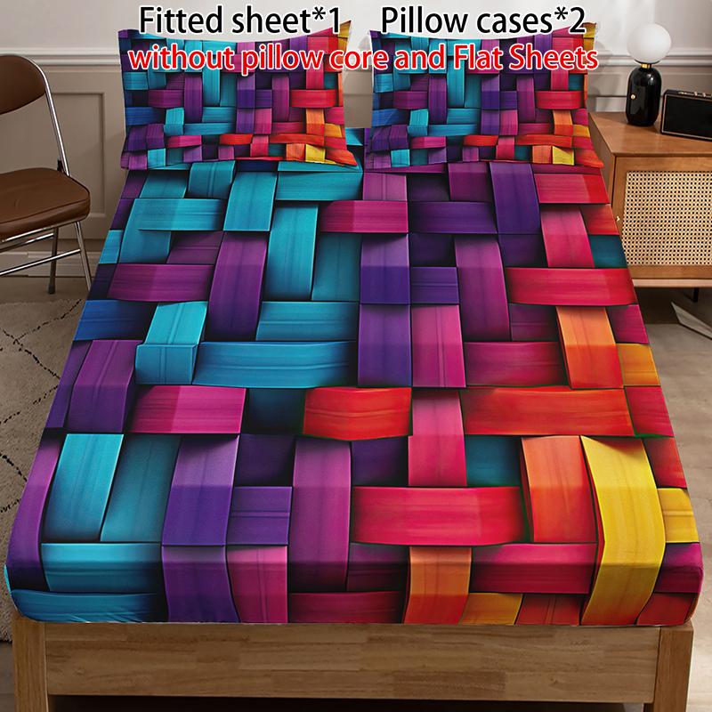 [Spring Glow Up] 3-piece multi-pattern fitted sheet set (fitted sheet*1 +Pillow cases*2),deep pocket 15 inches machine washable,low allergenic,high quality mattress protector for bedrooms,dorm rooms,HD printed all-season room decoration Reversible