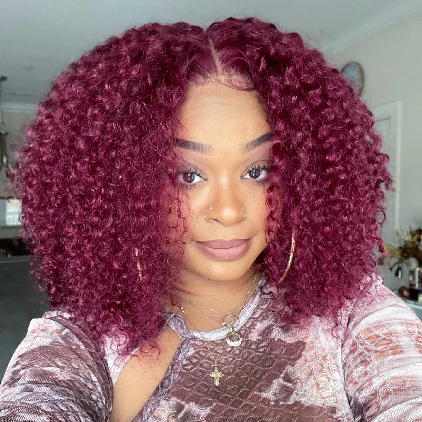 Midulla Glueless Kinky Curly Wig Human Hair Ready to Wear Burgundy Color Shoulder Length 6x4 Pre-cut Lace Bleached Knots Human Hair wig SpringStatements