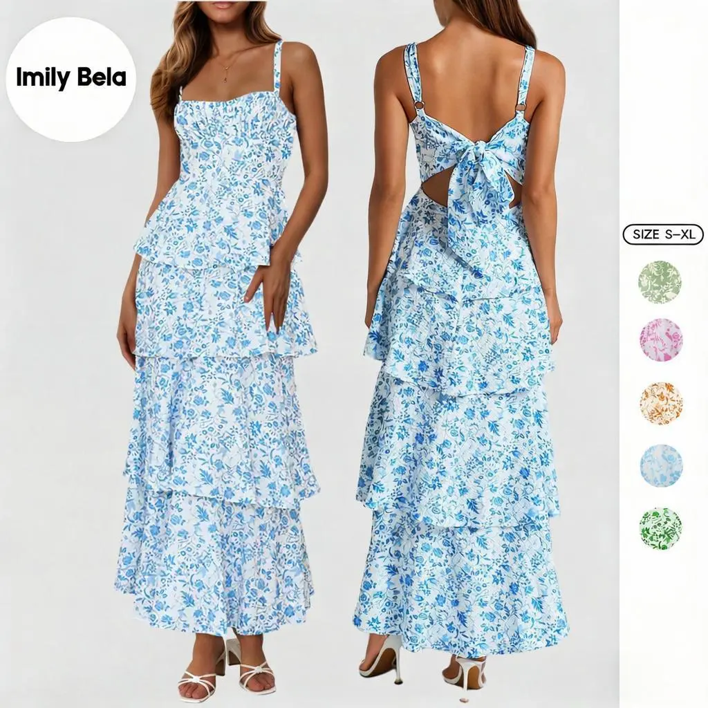Imily Bela New Womens Floral Maxi Dresses Spaghetti Strap Casual Sleeveless Ruffle Flowy Tiered Dress Comfort Fit