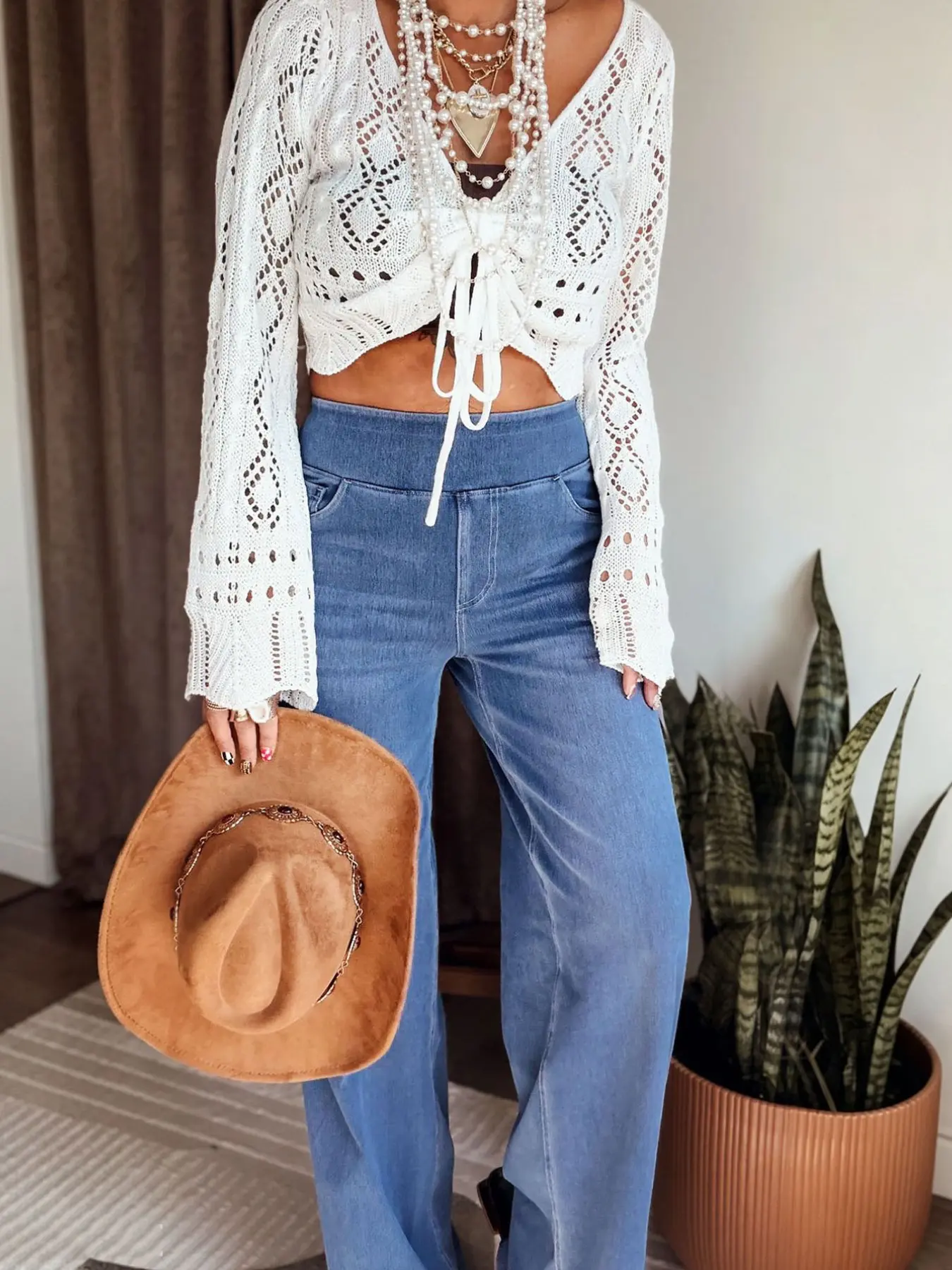 【The Goldie - Katrina's Exclusive】Women's Medium Blue Gradient Wash Knitted Denim Pull On Wide Leg Jeans, Wide Elastic Waist Soft Stretchy Floor Length Denim Pants with Pockets, Casual Streetwear Daily Commute Loungewear for Women TChic