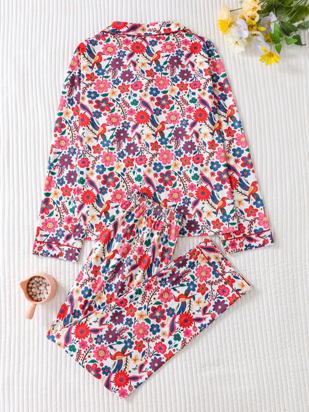 Women's Floral Print Pajama Set, Lapel Button Long Sleeve Top & Loose Comfortable Pants, Casual Fitted Sleepwear & Loungewear for All Seasons