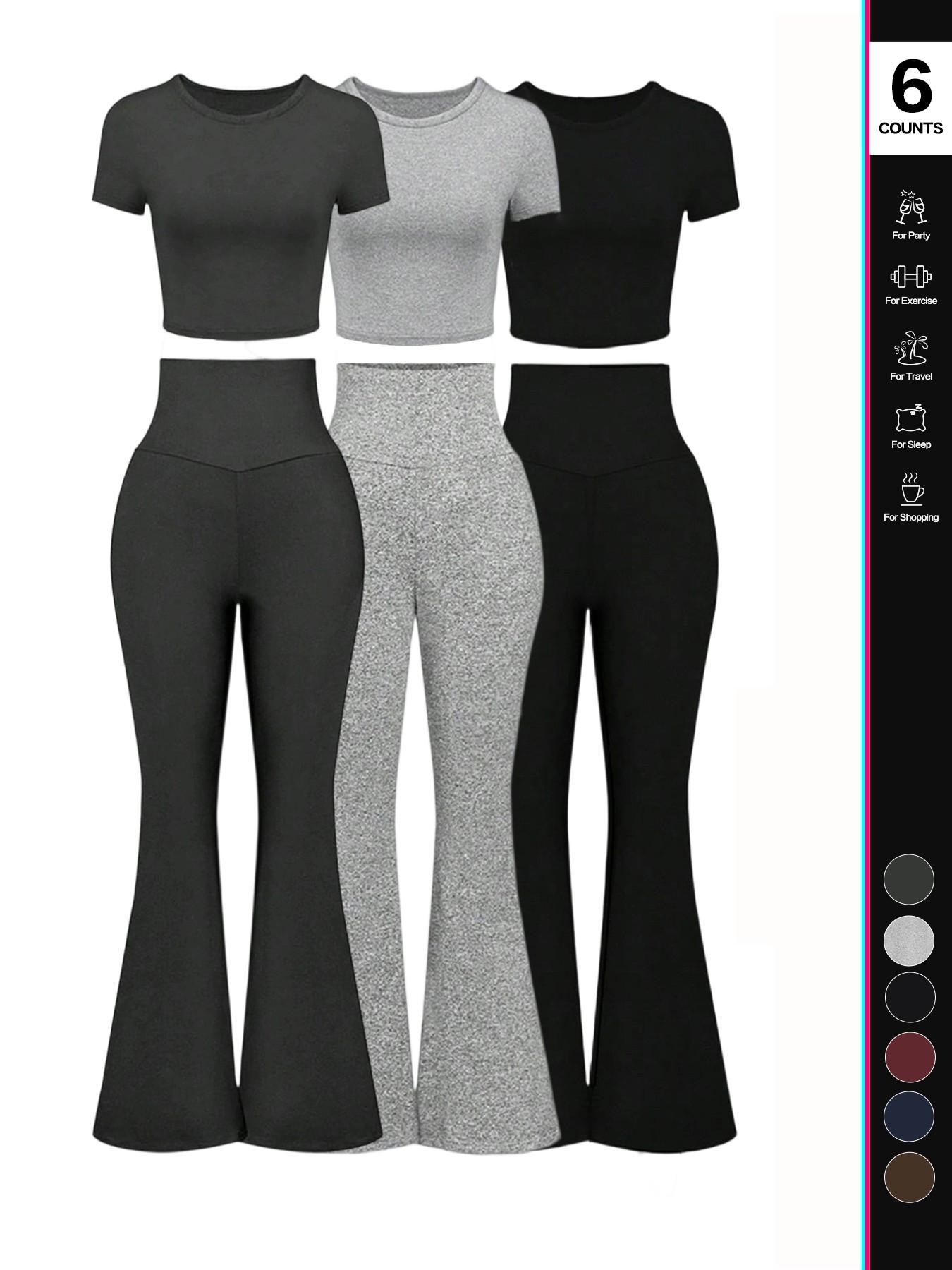 Women's Solid Loungewear Set, Casual Short Sleeve Crop Top & High Waist Flare Leg Pants, Ladies Sleepwear for All Seasons, Pajama Set