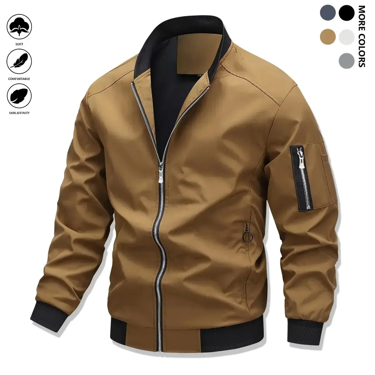 Men’s Lightweight Jacket, Slim Fit Polyester Track Jacket with Stand Collar, Long Sleeve Zip Up Windbreaker with Zipper Pockets, Athletic Outerwear for Spring Fall Outdoor Training Casual Daily Wear