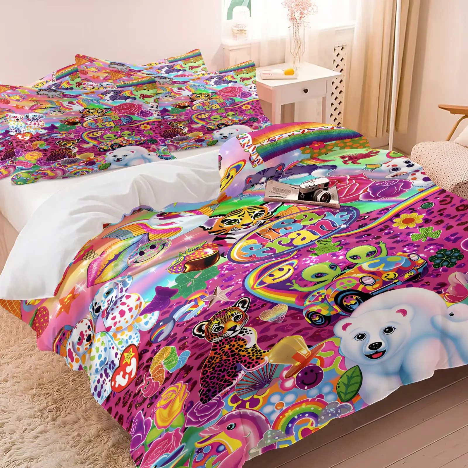 Lisa Frank Rainbow Cartoon Animal Duvet Cover Set(1 Duvet Cover + 1-2 Pillowcases), Soft Comfortable Breathable Quilt Cover, Decorative Duvet Cover, Colorful Vintage Cartoon HD Digital Print Bedding Set, Ideal Decor For Teen Girls Bedroom Home Decor