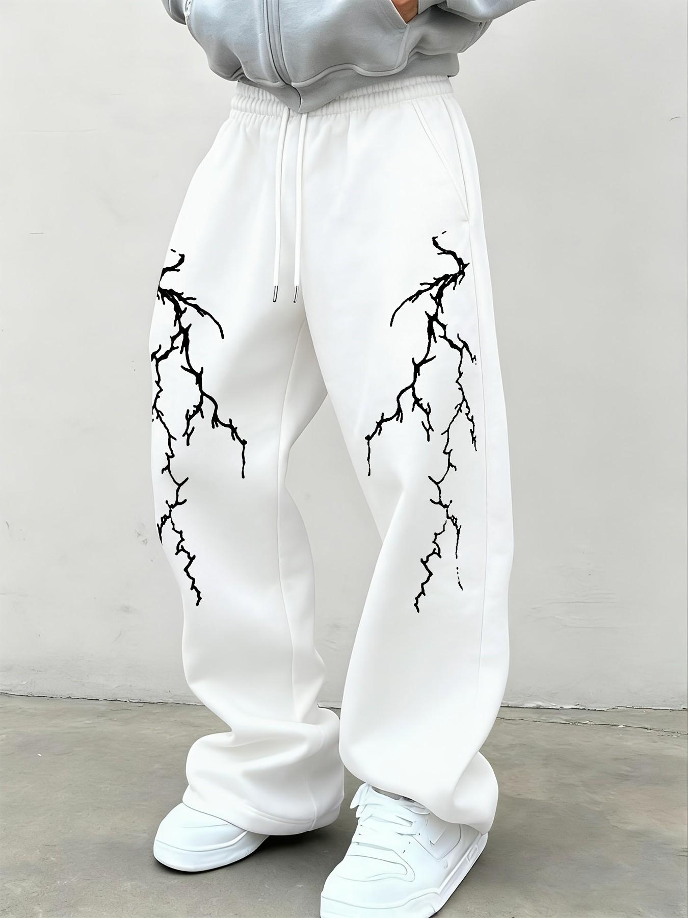Men's Lightning Print Drawstring Elastic Waist Y2K Street Style Loose-Fit Casual Long Pants, Comfortable Daily Wear, All-Season Fashion