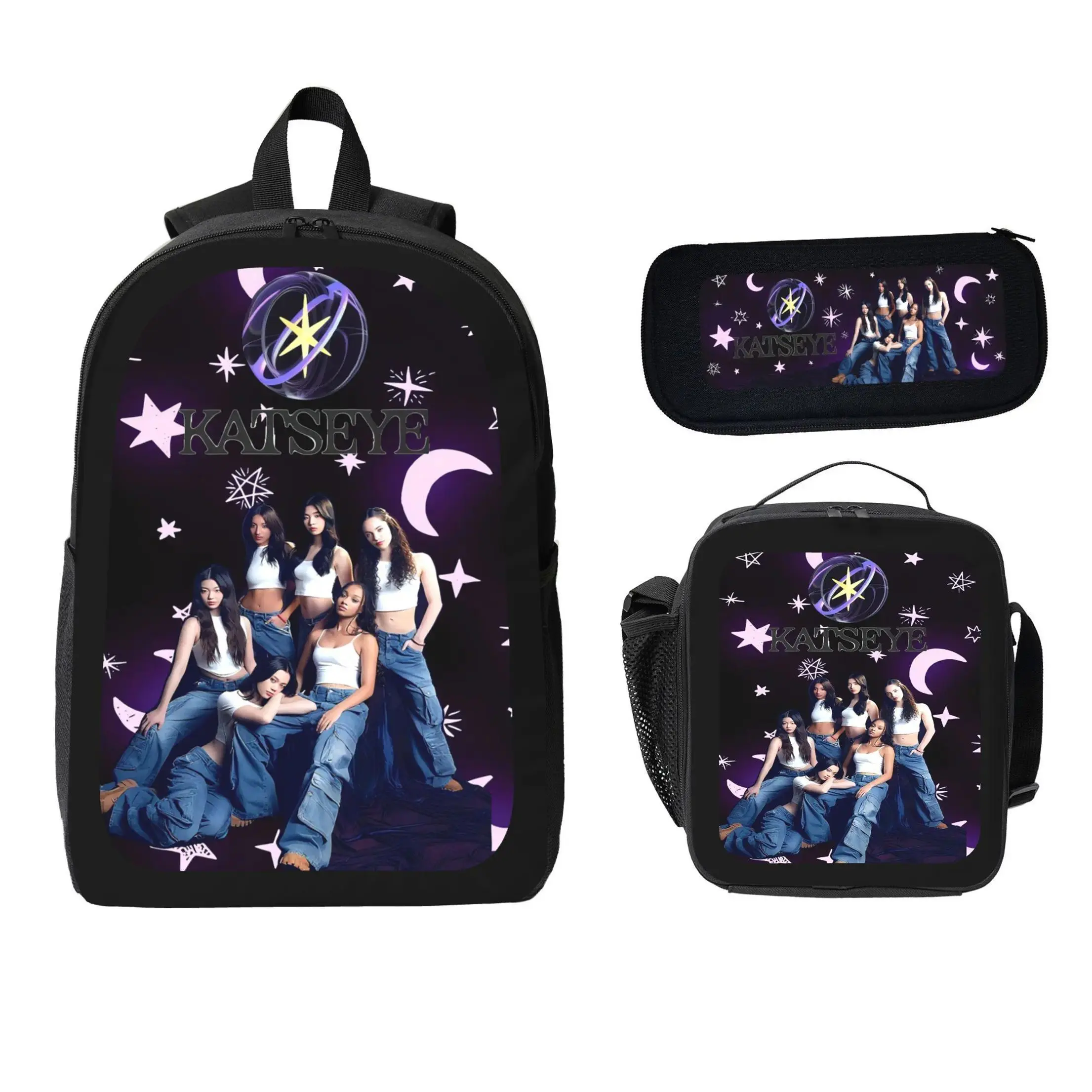 KATSEYE Backpack Set School Backpack Lunch Bag Pencil Case Kpop Merch KATSEYE Fan Gift Pop Idol Bookbag Aesthetic For Girls Boys Teens Women Students Travel School Daily Carry TikTok Viral Trending Cute Fashion Accessories Back To School