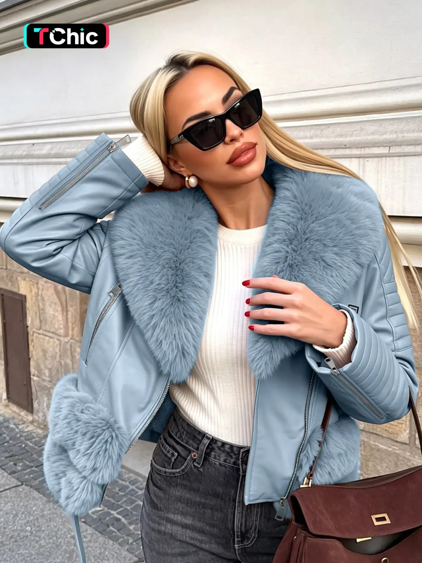 Women's Fall Winter PU Faux Fur Jacket, Aesthetic Vintage Style Fitted Long Sleeve Coat, Warm Daily Wear with Adjustable Waist Belt, Casual Plain Design Womenswear