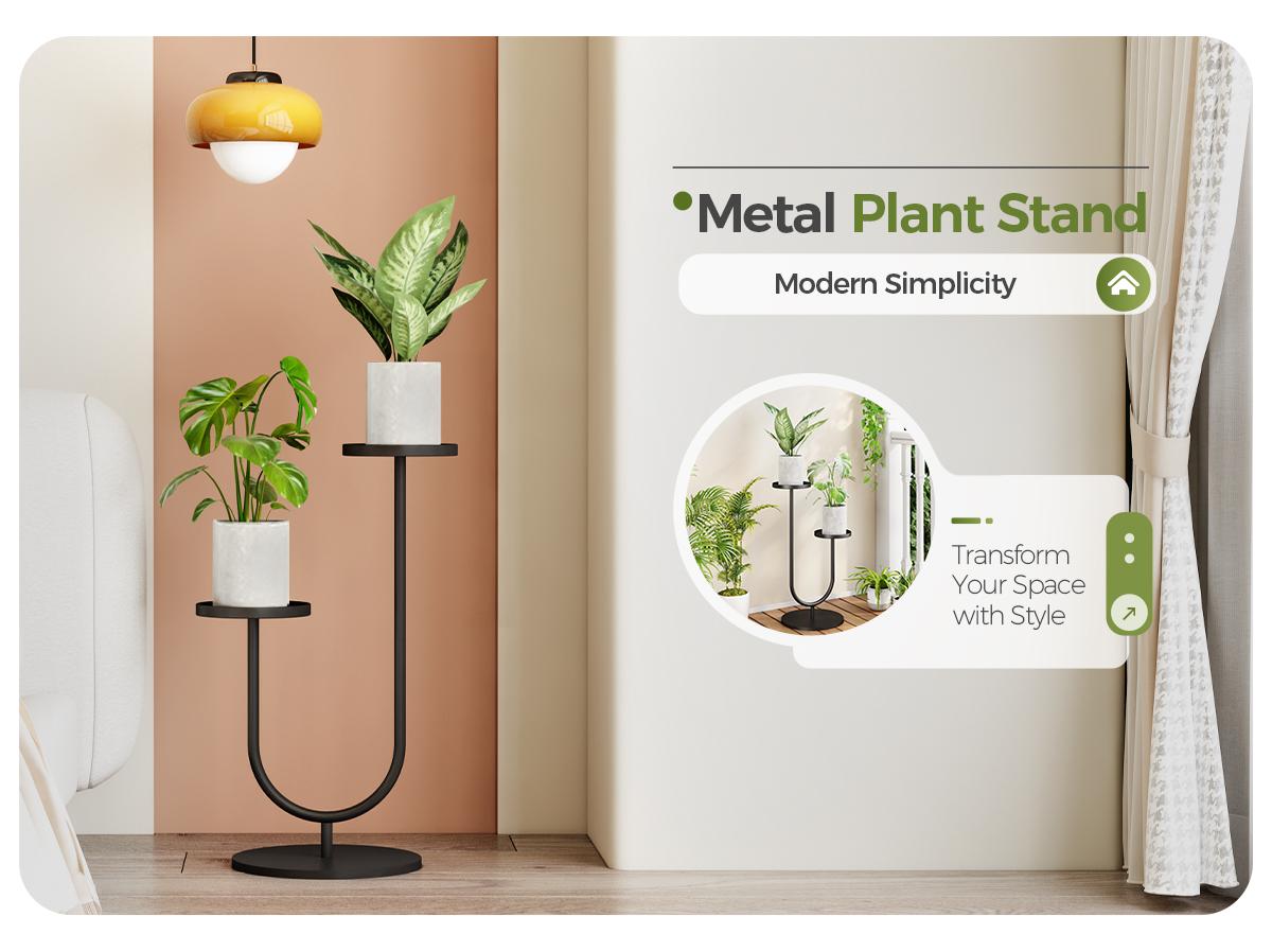 Bamworld Modern U-Shaped Metal Plant Stand for Indoor Tall Corner, 2 Potted Black Planter Stand for Living Room  Decor Sleek Minimalist Design Sunlight Friendly Quick Easy Assembly