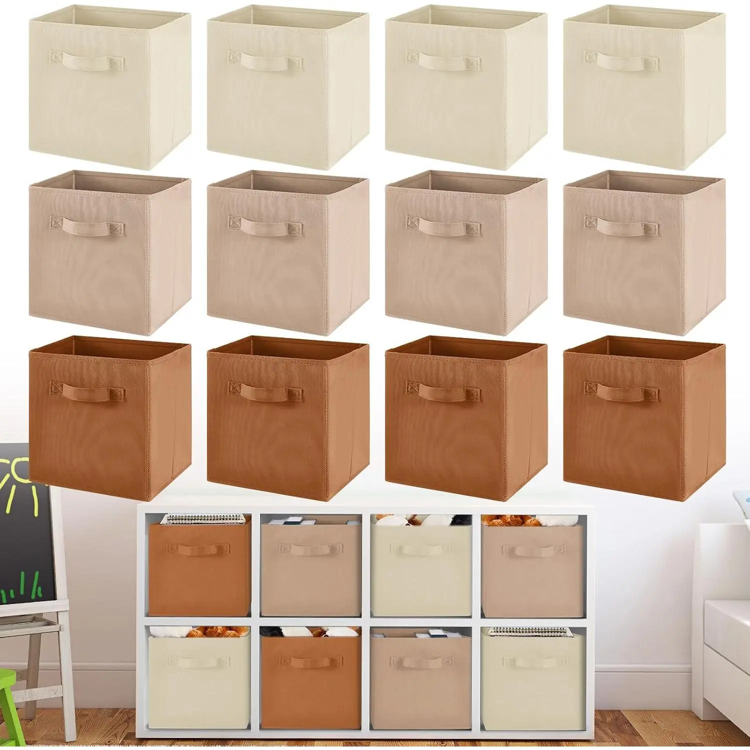 4 count Cube Storage Bin Brown 10.5''x10.5''x11'' Storage Bins for Playroom Decor Colorful Bins for  Foldable Baskets for  Organizer Boxes Fabric Boxes