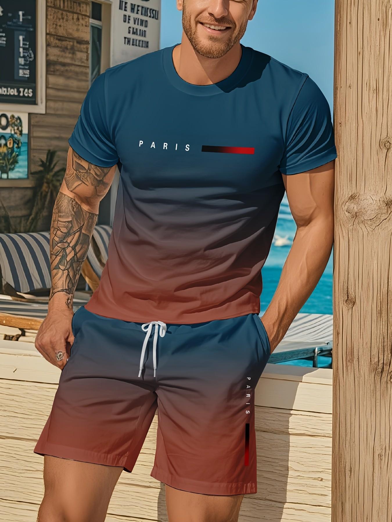 Men's Gradient Fitness Short Sleeve Set, Summer Trendy Sportswear Casual Two-Piece, Fitted Tee and Shorts, Regular Length