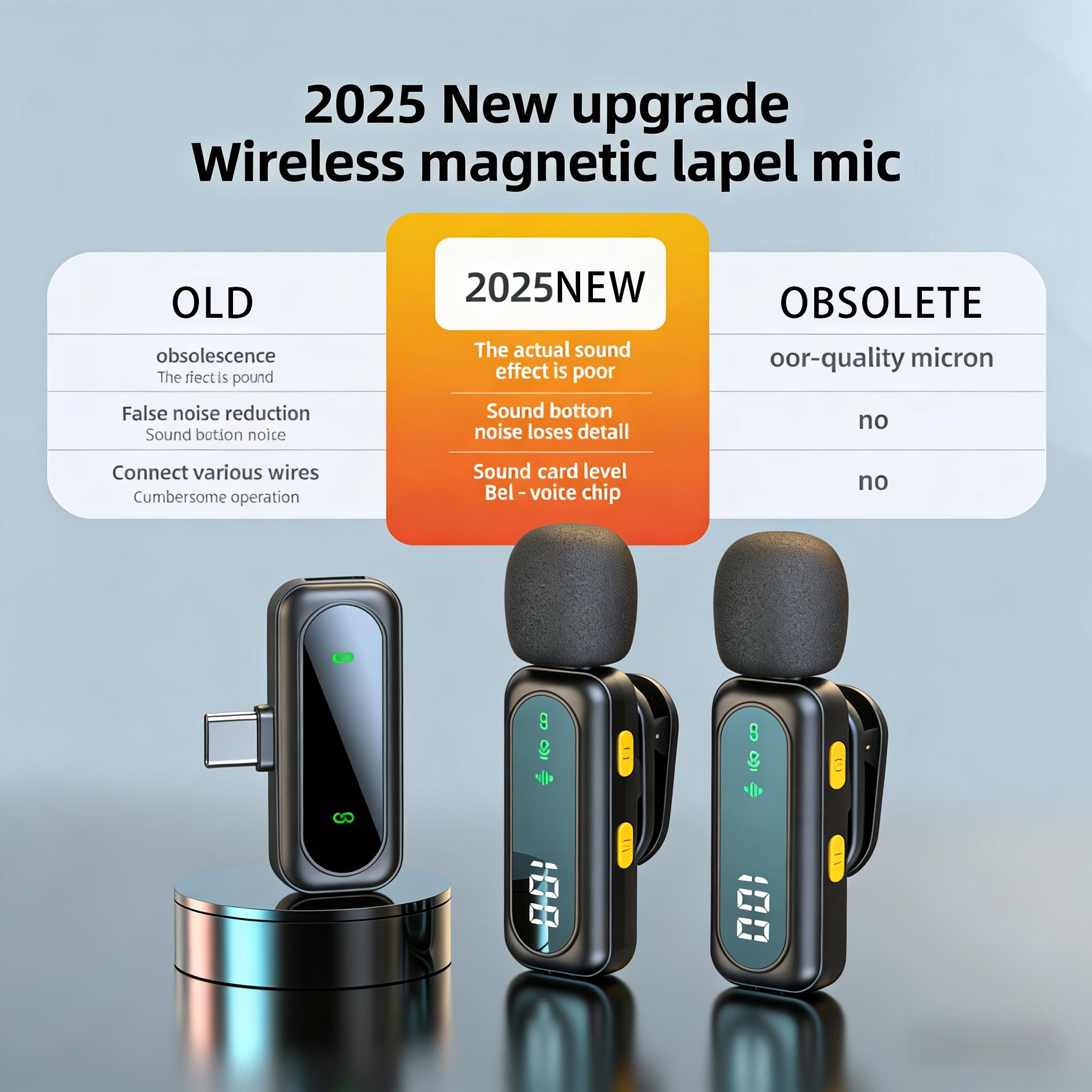 J21 Wireless Lapel Microphone, Live Streaming Mic, Plug-And-Play, Auto Pairing, Magnetic Clip, LED Display, Smart Noise Reduction, for iPhone Android USB Devices