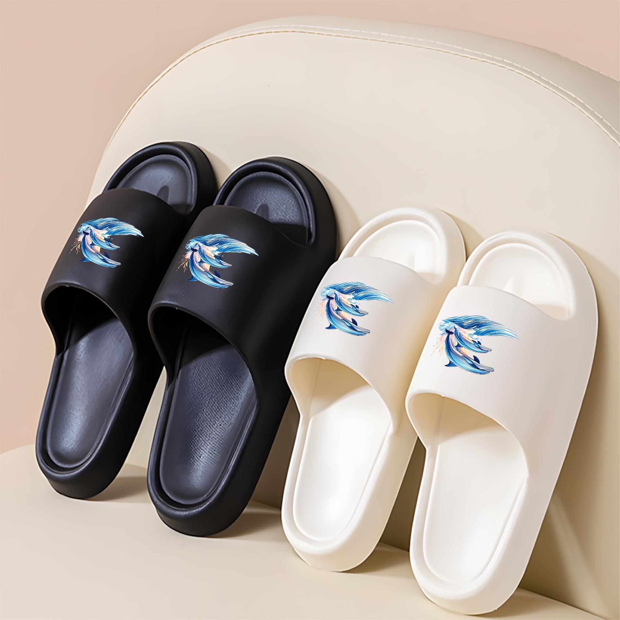 Dolphin Pattern Beach Slippers Women Men Summer Non-slip Soft Sole Quick-drying Lightweight Sandals Casual Outdoor Pool Shoes Flip Flops