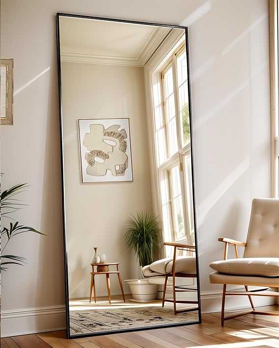 21 in. W x64 in. H Rectangular Full Length Mirror  Home DecorFull Length Mirror Standing Hanging or Leaning Against Wall, Large, Rectangle, Bedroom Wall-Mounted / Floor Dressing Mirror, Aluminum Alloy Thin Frame, Black, 64"x21"