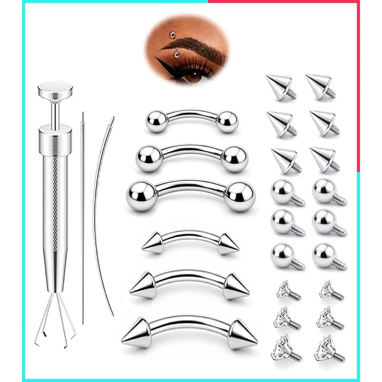 Surgical Steel Eyebrow Piercing Jewelry Kit with Insertion Tools, Internally Threaded Interchangeable CZ, Spike and Ball Ends for Rook, Daith and Lip Piercings