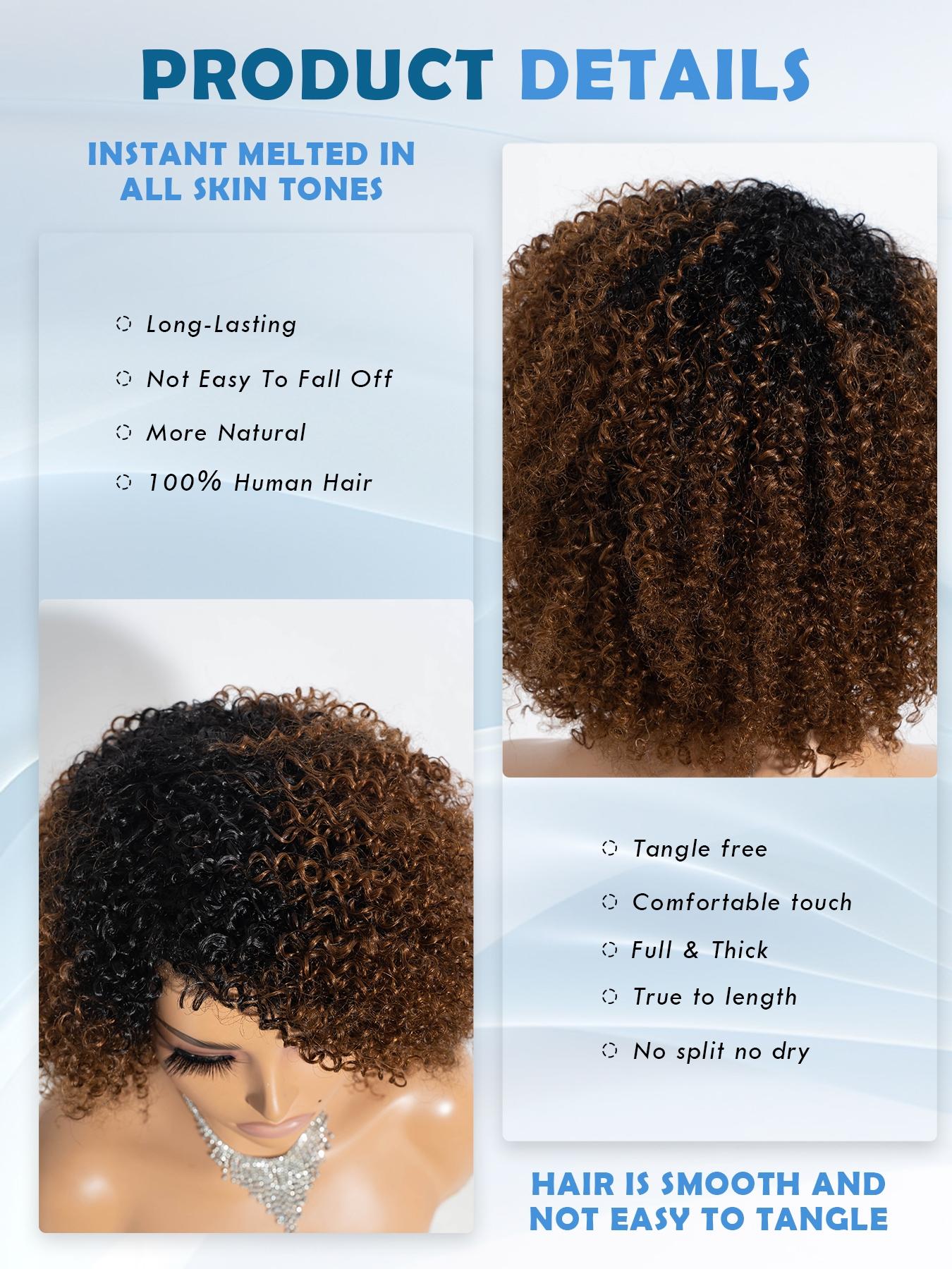 12 Inch Human Hair Wig Natural Curly Bob Soft Bouncy and Lightweight Ombre Brown with Black Roots Lace Front Wig with Pre Plucked Hairline Full Volume Daily Wear, Party, Glueless Hair Wigs, Glueless Frontal Wig