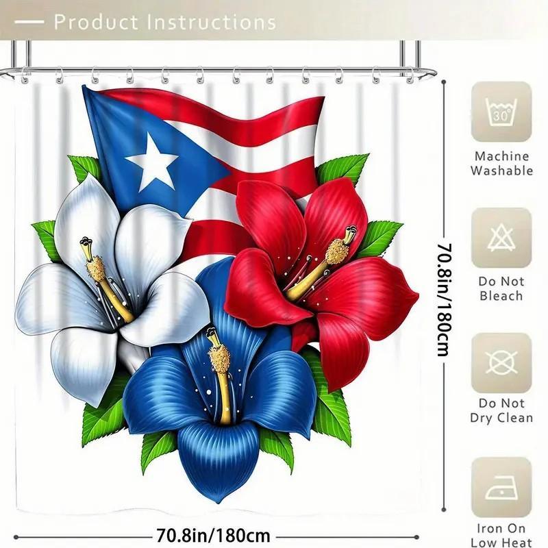 1/4pcs Puerto Rican flag pattern shower curtain set, includes non-slip mat, U-shaped rug, and toilet seat cover. Perfect for bathroom decoration, partitioning, and beautifying the space. Comes with 12 shower curtain hooks. Bathroom Decoration Accessories