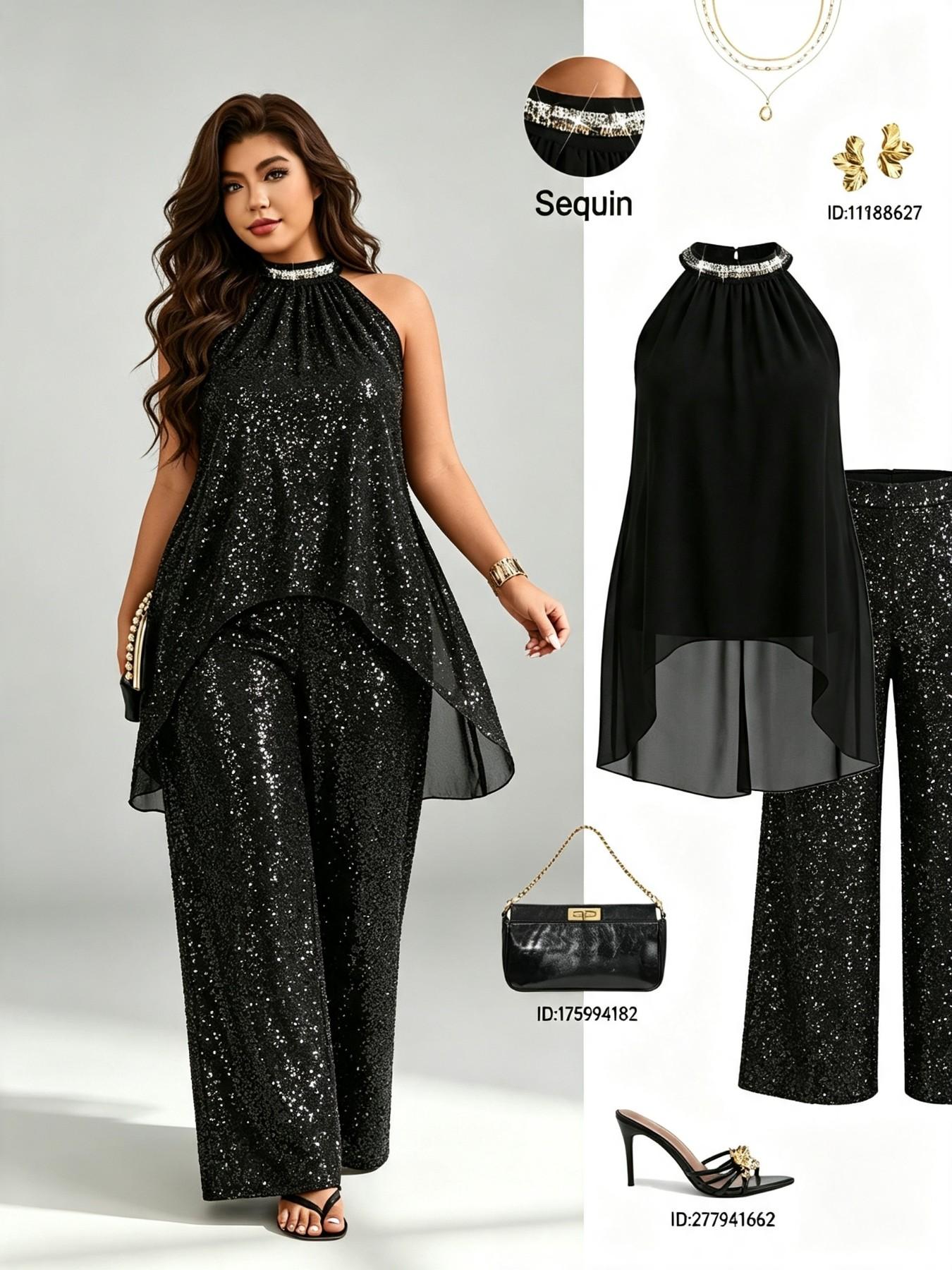 Luxury Party Style Aesthetic Plus Size Two-Piece Set, Ruched Halter Neck Sequin Top, Sleeveless Chiffon Blouse, Loose Fit Slimming Wide Leg Pants Set