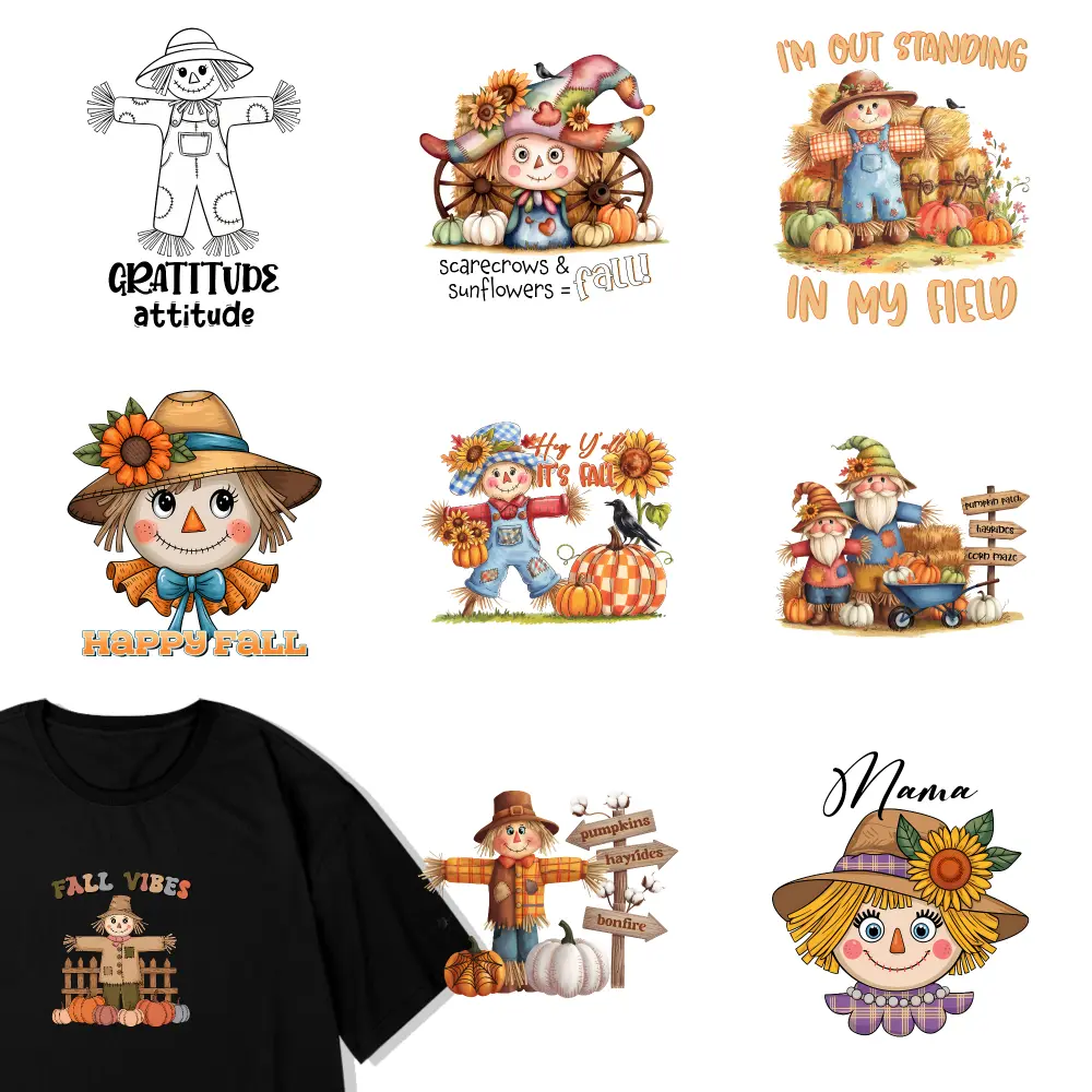 9 Pcs Fall Scarecrow Iron on Transfers Easy to heat press decals for clothing, T-shirts, jeans, backpacks, hats, pillows. Iron on Decals for T Shirts Washable heat transfer stickers Hoodie DIY Crafts Transfers Sticker On Clothes