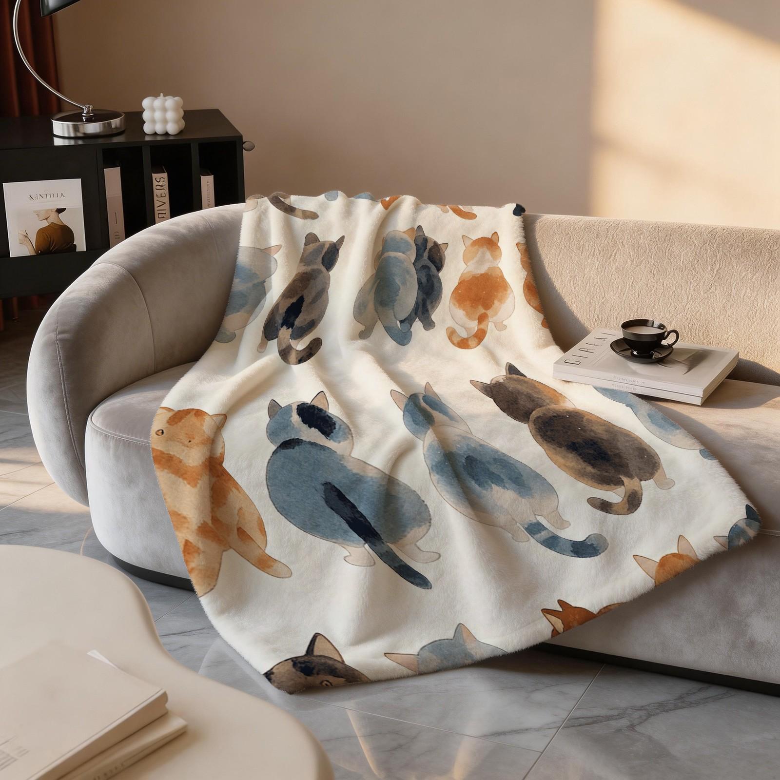 1 Pack Cute Watercolor Cat Butt Flannel Blanket, Super Soft Plush Fleece Throw Blanket, HD Digital Single-Sided Print Cat Lover Gift Blanket, Cozy Decorative Warm Blanket for Sofa, Bed, Car, Travel