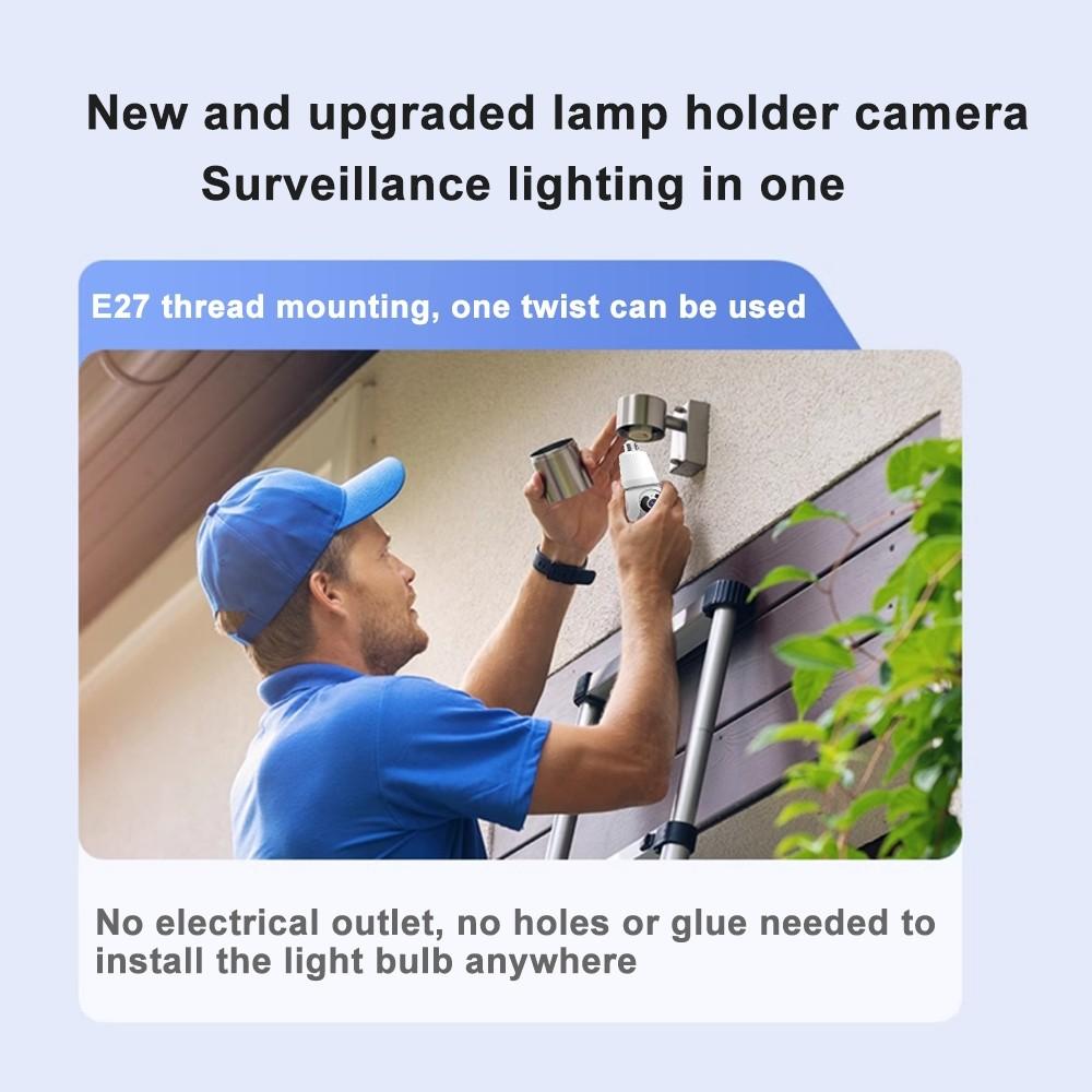 E27 Light Bulb Security Camera, WiFi, Auto Human Tracking, Full Color Night Vision, Zoom, Works with Alexa, 10x Digital Zoom