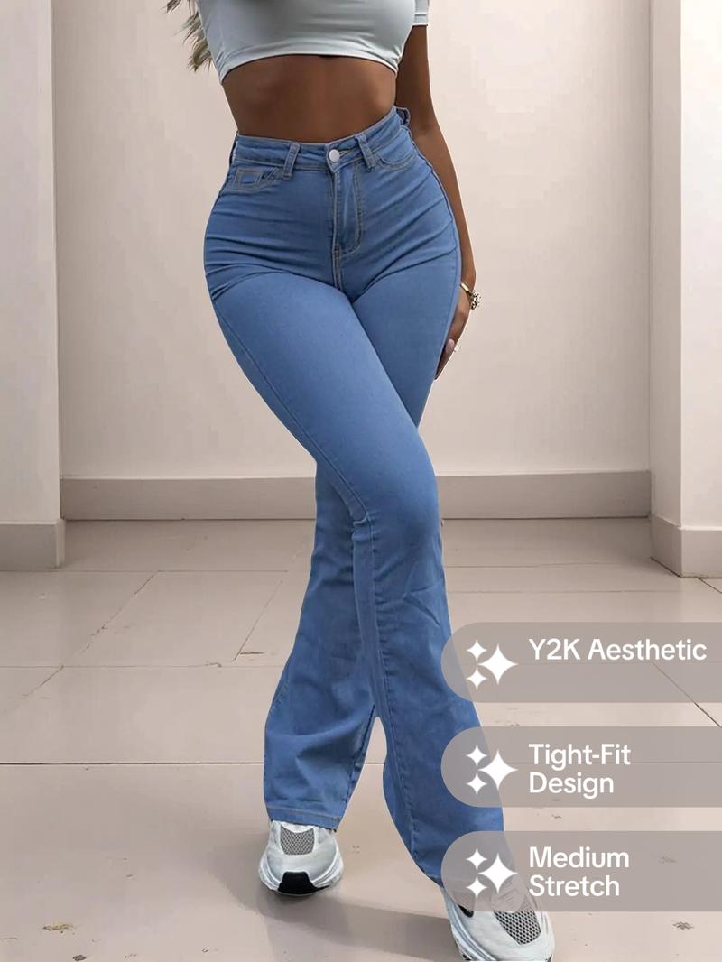 GILIPUR Y2K Women's Plain Flare Leg Jeans, Casual Button Fly Pocket Bell Bottom Denim for Daily Wear, Ladies Bottoms for All Seasons