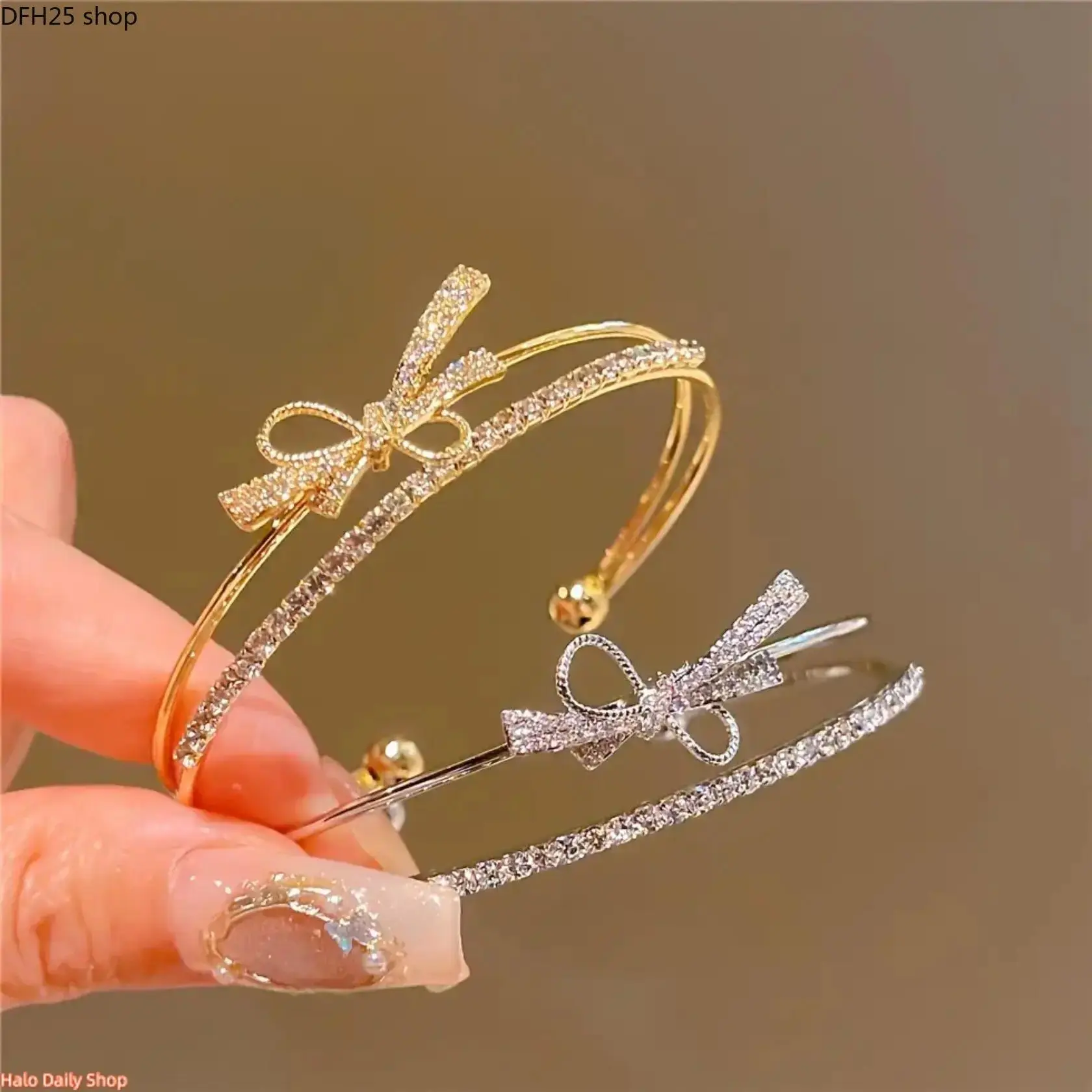 Gold Bow Bracelet for Women, Open Cuff Bangle with Cubic Zirconia, Elegant Adjustable Wrist Jewelry, Minimalist Daily Wear Gift