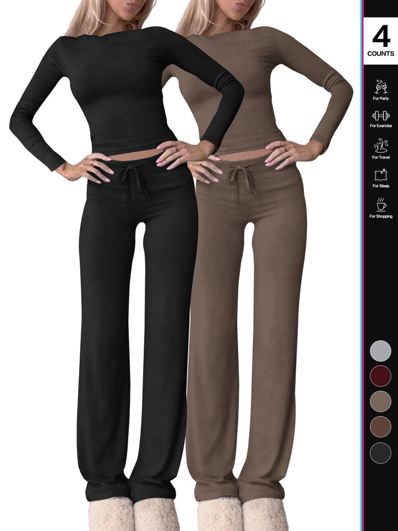 2026 Two Pieces Fall Women Clothes Y2K Sporty Casual Home Solid Color Fitted Long-Sleeved T-Shirt And Long Pants Set