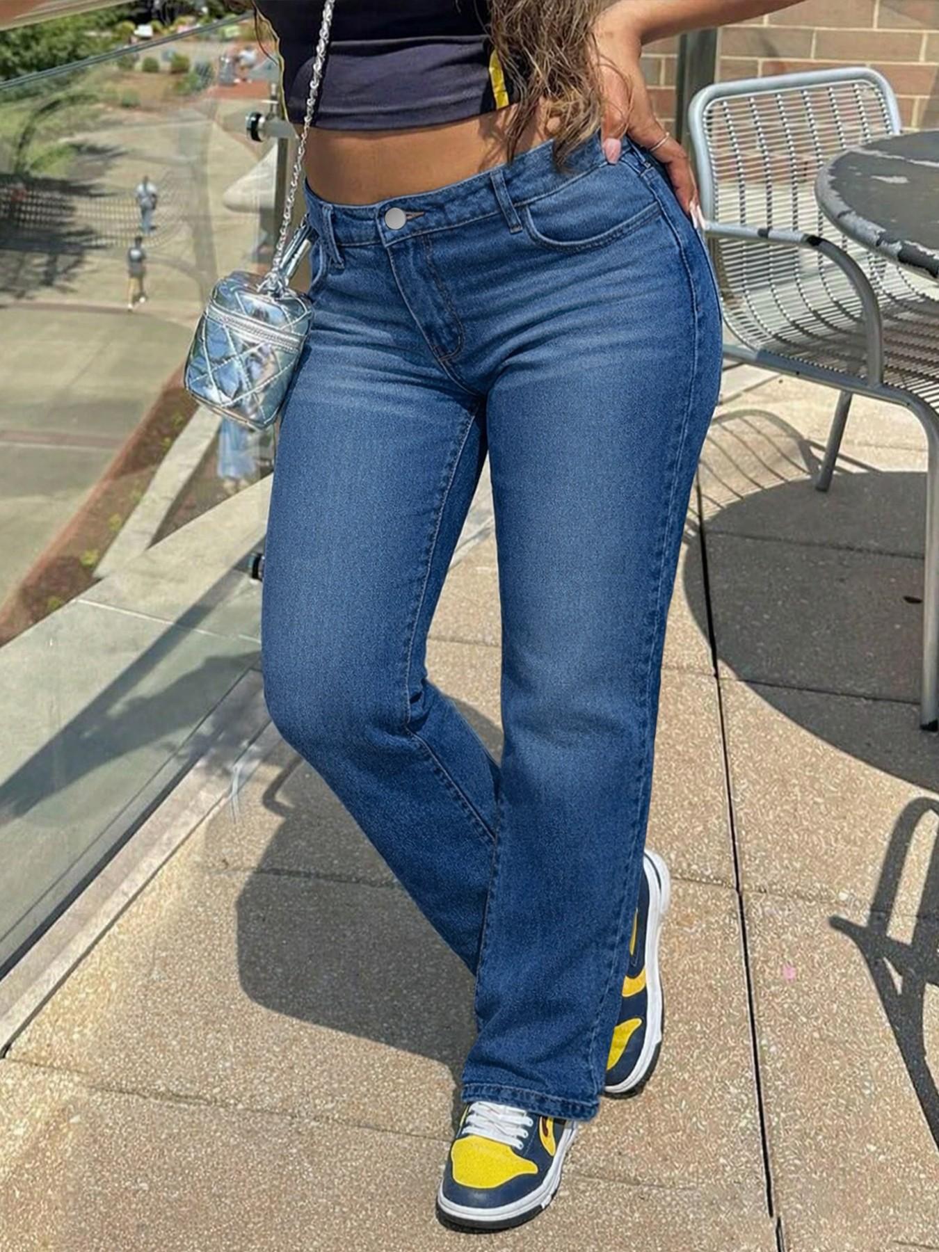 Women's Spring & Fall Fashion Jeans, Washed Blue Elastic Slim Fit Straight Leg Pants, Casual Commuter Denim Trousers