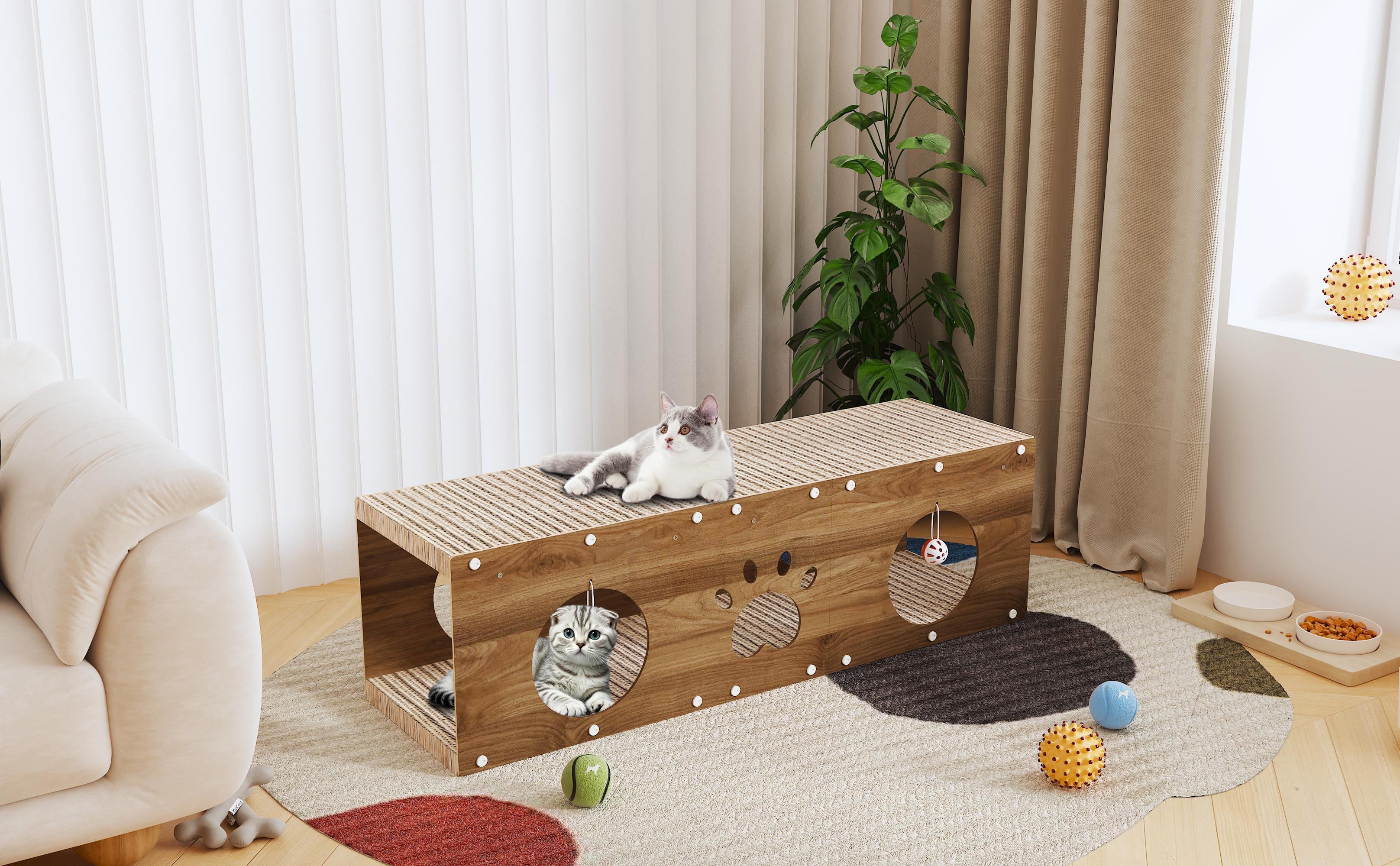 IRONCK Large Wooden Cat House & Scratcher with Ball Toy | 2-in-1 Pet Furniture for Indoor Cats, Durable Cat Bed & Playhouse