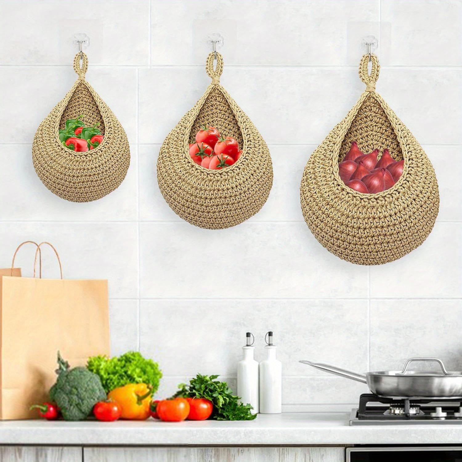 Hanging Wall Vegetable Fruit Basket, 3 Counts/set Boho Style Handwoven Wall Mounted Fruit Veggie Basket, Home Organizer for Kitchen Living Room