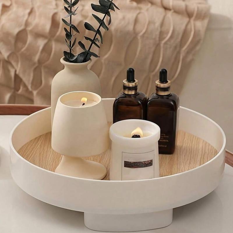 Minimalist Round Vanity Tray With Non-slip Wooden Surface, Multifunctional Decorative Storage Tray, Suitable For Placing Perfume, Cosmetics, Skin Care Products, Bathroom Toiletries And Entrance Decorations, Elegant Household Storage Supplies
