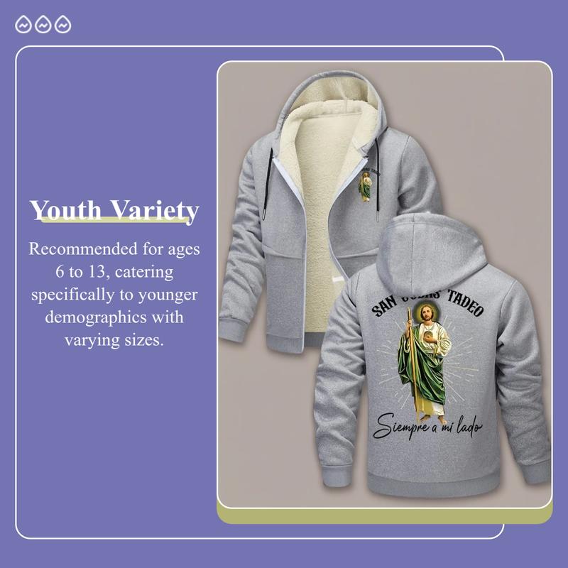 St. Jude Thaddeus Print Fleece Hooded Jacket, Winter Warm Windproof Skin-Friendly Thick Sweatshirt, Long Sleeve Casual H-Type Cartoon Pattern, Heavyweight Fleece Hoodie