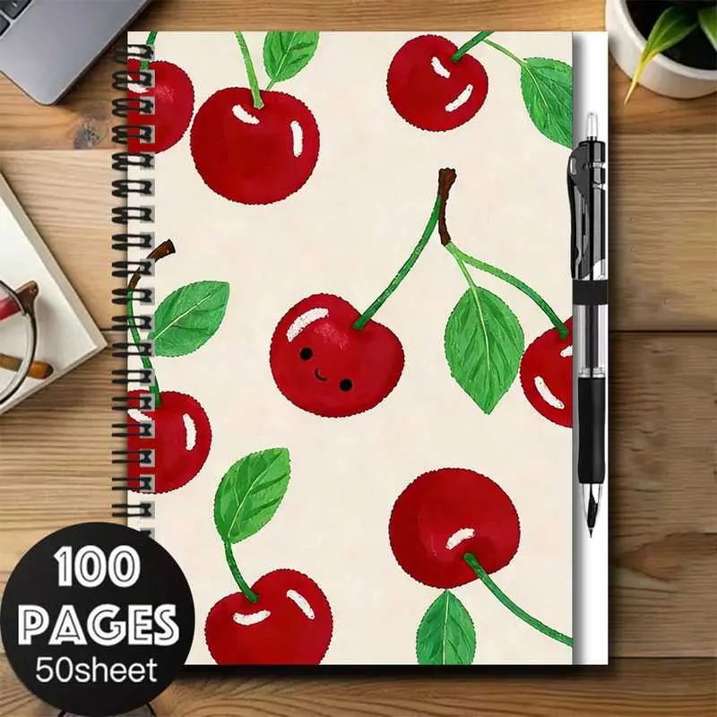 A set of fresh 2D cherry pattern spiral notebook and pen set, with a cute and eye-catching cover. It has 100 pages of large capacity, meeting the needs for work and study record-keeping. It can be used as a diary, daily planner, or notepad, and is also a